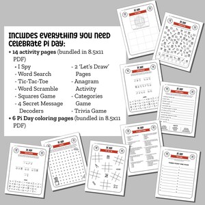 Puede incluir: Un conjunto de hojas de trabajo imprimibles para celebrar el D&iacute;a de Pi. Las hojas de trabajo incluyen actividades como b&uacute;squedas de palabras, tres en raya y p&aacute;ginas para colorear. Las hojas de trabajo est&aacute;n agrupadas en formato PDF de 8,5x11 pulgadas.