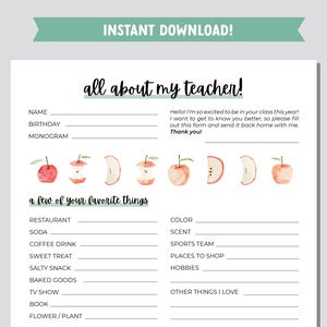 All About the Teacher Printable with Classroom Wishlist, Teacher Questionnaire, Questions for Teachers, Teacher Favorite Things Survey image 2