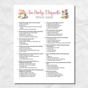 Tea Party Etiquette Game, Tea Party Trivia Printable Game for Tea Party Bridal Shower, Tea Party Games Printable