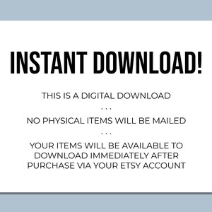Puede incluir: Texto sobre un fondo blanco que dice "INSTANT DOWNLOAD!"  Esta es una descarga digital. No se enviar&aacute;n art&iacute;culos f&iacute;sicos. Tus art&iacute;culos estar&aacute;n disponibles para descargar inmediatamente despu&eacute;s de la compra a trav&eacute;s de tu cuenta de Etsy.