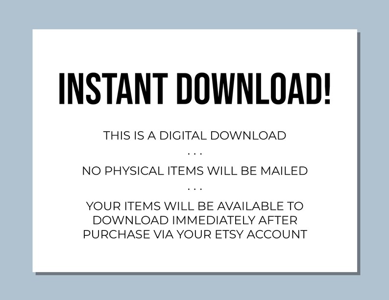 Puede incluir: Texto sobre un fondo blanco que dice "INSTANT DOWNLOAD!"  Esta es una descarga digital. No se enviar&aacute;n art&iacute;culos f&iacute;sicos. Tus art&iacute;culos estar&aacute;n disponibles para descargar inmediatamente despu&eacute;s de la compra a trav&eacute;s de tu cuenta de Etsy.