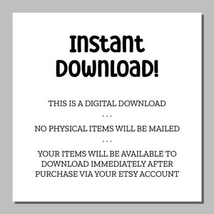Puede incluir: Texto sobre un fondo blanco que dice "Descarga instant&aacute;nea!" Esta es una descarga digital. No se enviar&aacute;n art&iacute;culos f&iacute;sicos. Tus art&iacute;culos estar&aacute;n disponibles para descargar inmediatamente despu&eacute;s de la compra a trav&eacute;s de tu cuenta de Etsy.