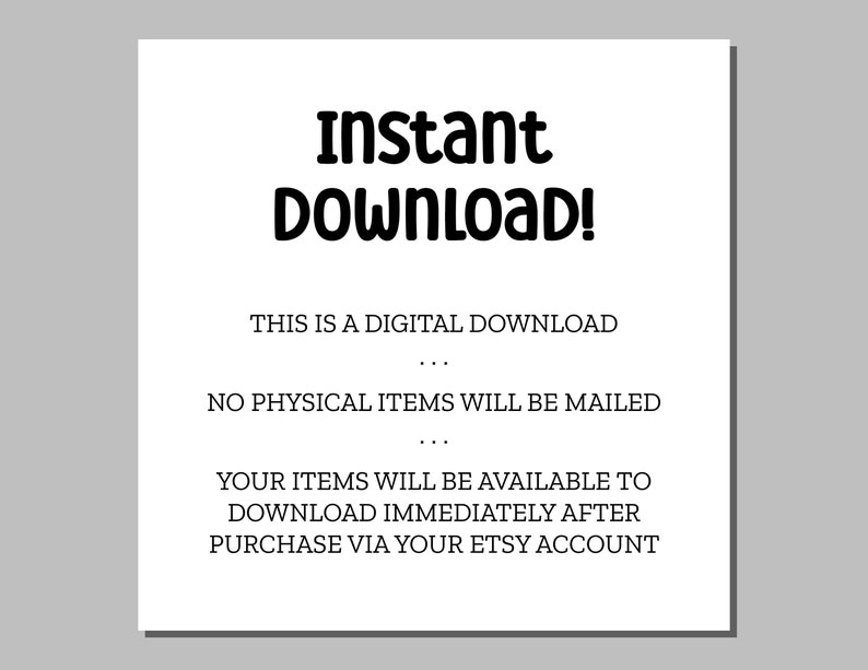 Puede incluir: Texto sobre un fondo blanco que dice "Descarga instant&aacute;nea!" Esta es una descarga digital. No se enviar&aacute;n art&iacute;culos f&iacute;sicos. Tus art&iacute;culos estar&aacute;n disponibles para descargar inmediatamente despu&eacute;s de la compra a trav&eacute;s de tu cuenta de Etsy.