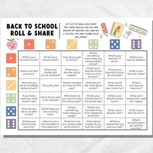 Peut inclure: Un jeu de société « Back to School Roll & Share » avec une grille de questions. Le titre est en grandes lettres colorées. Le tableau comprend des dés, un crayon, un cahier et des graphiques sur le thème de l'école.
