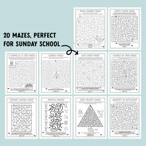 Peut inclure: Un ensemble de 20 feuilles de travail de labyrinthe imprimables pour l'&eacute;cole du dimanche. Les labyrinthes pr&eacute;sentent diverses histoires bibliques, notamment le dimanche des Rameaux, le tombeau vide, les 5 pains et les 2 poissons, l'&eacute;glise, la brebis perdue, les p&ecirc;cheurs d'hommes, les eaux tumultueuses, la correspondance des ap&ocirc;tres, la Sainte Trinit&eacute; et le voyage &agrave; Bethl&eacute;em.