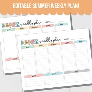 Horario semanal de verano 2025 editable para niños. Imprimible para planificar todas tus actividades de verano. Lista de tareas del planificador semanal. Horario semanal para niños.