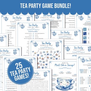 Puede incluir: Un conjunto de 25 juegos para una fiesta de té, que incluyen trivial y juegos de palabras, con un diseño floral azul y blanco. Los juegos presentan tazas de té y teteras. El texto "TEA PARTY GAME BUNDLE!" está en la parte superior.