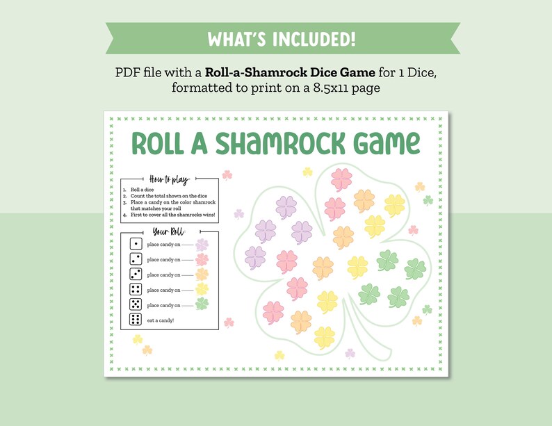 Roll a Shamrock Game for St Patricks Day Classroom Activity, St Patricks Activity, Fun St Paddys Day Game for Kids School Party Game image 3