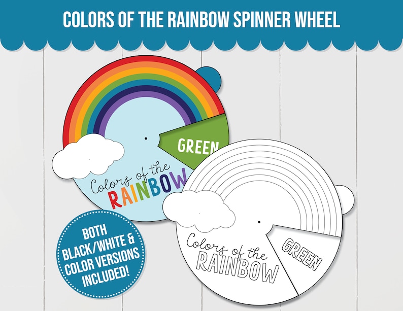 May include: Two printable rainbow spinner wheels, one in color and one in black and white. The wheels are divided into sections with the colors of the rainbow and the word "GREEN" at the bottom. The text "Colors of the Rainbow" is written on each wheel.