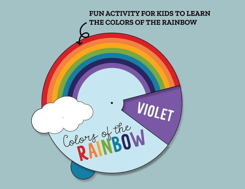 May include: A colorful rainbow wheel with the words "Colors of the Rainbow" and "Violet" on it. This is a fun activity for kids to learn the colors of the rainbow.