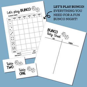May include: Printable game sheets for the game Bunco. The sheets include a scorecard, tally sheet, and table number cards. The scorecard has spaces for player name, roll, and game number. The tally sheet has spaces for "us" and "them". The table number cards say "Table One" and "Table Two".