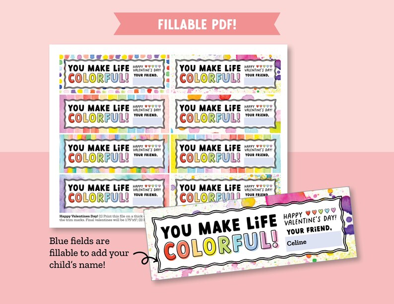 Watercolor Paint Valentine for Kids Classroom Valentine Exchange, Non-Candy Valentine, Colorful Valentine image 6