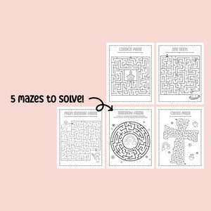 May include: Five black and white printable Easter mazes for kids to solve. The mazes feature a church, a cross, an Easter egg, a rainbow, and a bunny.