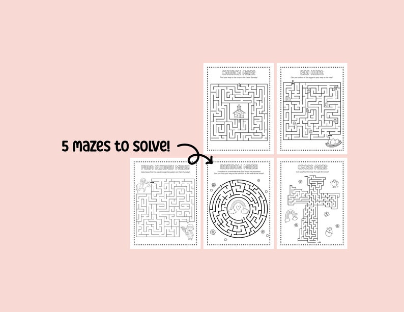 May include: Five black and white printable Easter mazes for kids to solve. The mazes feature a church, a cross, an Easter egg, a rainbow, and a bunny.