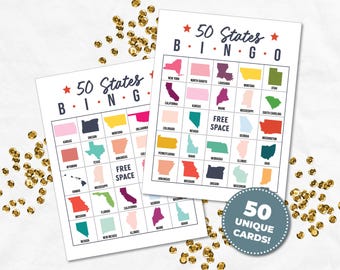 50 States Bingo Game with 50 Unique Bingo Cards, Fun Geography Bingo Game, US States Bingo, USA Bingo Game