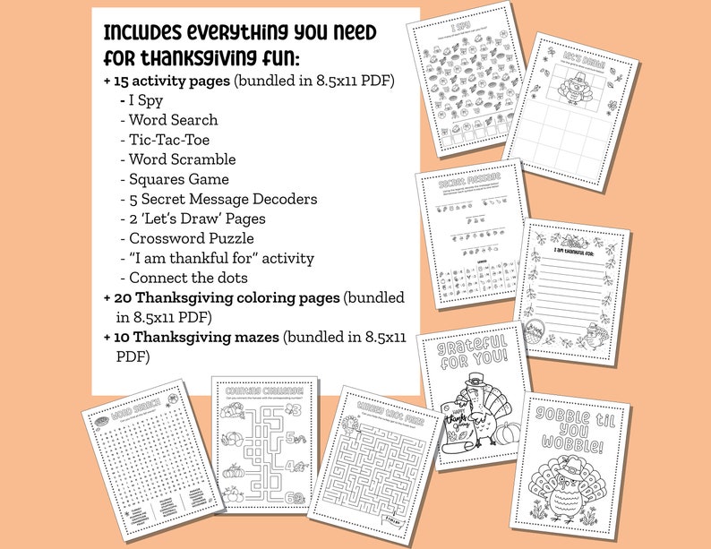 Thanksgiving Activities for Kids, Activity Bundle With Coloring Pages