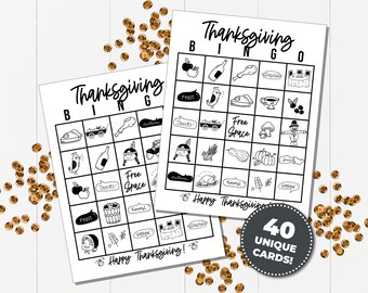 May include: A set of 40 unique Thanksgiving bingo cards with black and white illustrations of various Thanksgiving themes, including a turkey, a cornucopia, a pilgrim hat, and a pumpkin. The cards have the words "Thanksgiving Bingo" at the top and "Happy Thanksgiving!" at the bottom.