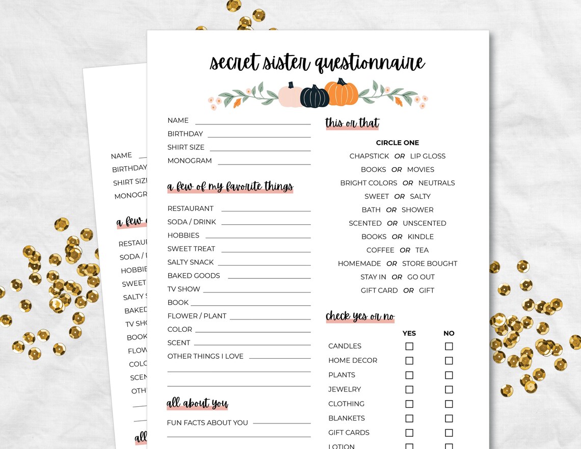 Halloween Secret Sister Questionnaire, Fall Gift Exchange Survey and ...