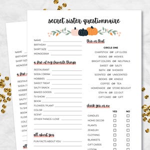 Halloween Secret Sister Questionnaire, Fall Gift Exchange Survey and Favorite Things Quiz, Secret Sister Printable, All About Me PDF
