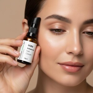 Könnte beinhalten: Eine kleine, braune Glasflasche mit Iridia Botanical Augencreme wird vor dem Gesicht einer Person gehalten. Die Flasche hat einen schwarzen Pumpspender und ein weißes Etikett mit Produktname und Gewicht, 30g. Der Hintergrund ist eine weiche, neutrale Farbe.