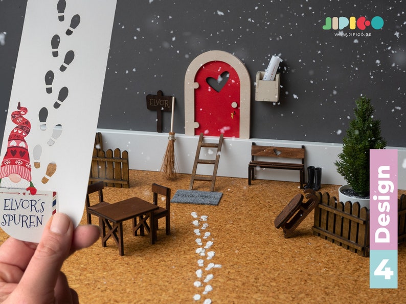Wichtel SET 13-teilig, Miniatur, Elfen Tür aus Holz, Weihnachten, Weihnachtszeit, Adventszeit, in 5 Farben Design 4 rot