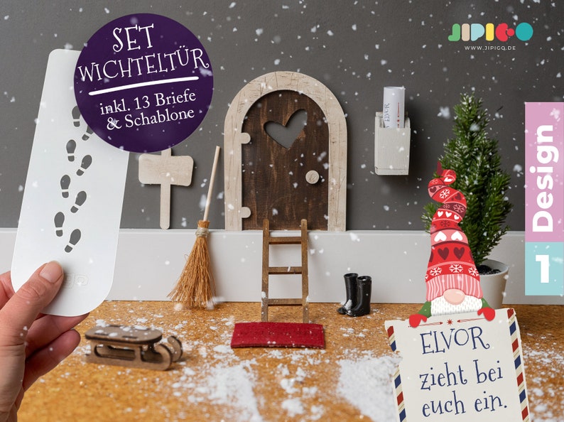 Wichtel SET 13-teilig, Miniatur, Elfen Tür aus Holz, Weihnachten, Weihnachtszeit, Adventszeit, in 5 Farben Bild 1