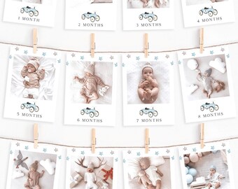 May include: A set of 12 baby photo cards with a blue and white color scheme. Each card features a different photo of a baby and a number representing the baby's age in months. The cards are decorated with stars and a blue car graphic. The text on the cards reads "1 Month", "2 Months", "3 Months", "4 Months", "5 Months", "6 Months", "7 Months", "8 Months", "9 Months", "10 Months", "11 Months", and "1 Year".