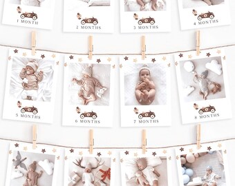 May include: A set of twelve baby milestone cards, each featuring a photo of a baby and the month or year. The cards are strung on twine with wooden clothespins. Each card has a brown car illustration and star accents.