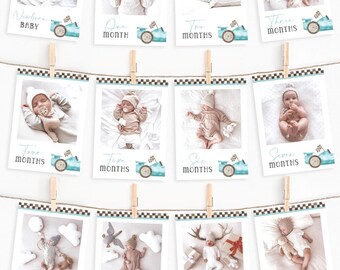 May include: A set of ten photo cards with a blue and white race car theme. Each card features a baby in a different pose and a number representing the baby's age in months. The cards are designed for a baby's first year.