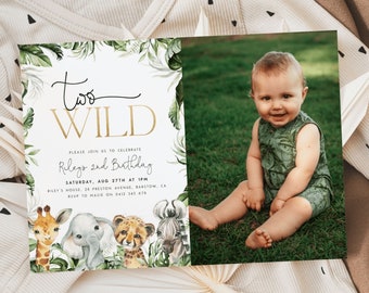 Two Wild Birthday Invitation with Photo Editable Second Birthday Invite Jungle Animals Two Wild Invitation Safari Photo Invitation Boys J2