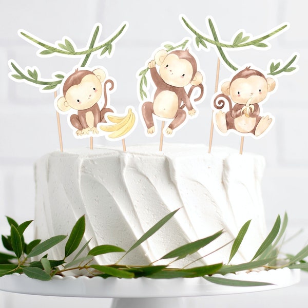 Monkey Cake Topper Instant Download, Monkey Birthday Cake Topper Party Decor Jungle Birthday Safari Birthday Printable Cupcake Toppers, MO1