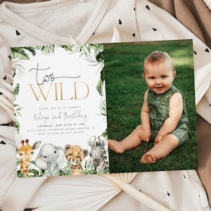 Two Wild Birthday Invitation with Photo Editable Second Birthday Invite Jungle Animals Two Wild Invitation Safari Photo Invitation Boys J2
