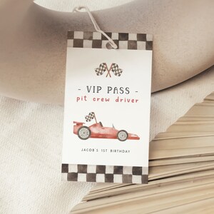 First Trip Race Car VIP Pass Editable Template, Pit Crew Favor Tag Vintage Race Car 1st Birthday Party Printable Template for Boys - R1 R7
