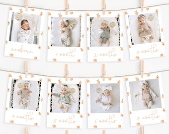 May include: A set of 11 white photo cards with peach floral designs and a baby in each photo. The cards are labeled with the baby's age from newborn to 11 months.