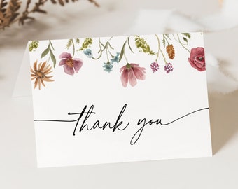 Wildflower Baby Shower Thank You Card Template, Wildflower Thank You Card Template Floral Boho Baby Shower Girl Printable Tented Card W2