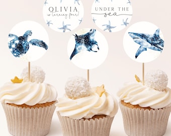 Under the Sea Cupcake Toppers Birthday Template. Oceanic Sea Animals Birthday Cupcake Toppers Galaxy Space Animal Underwater Cake Topper US1