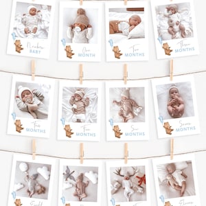 Teddy Bear 1st Birthday Photo Banner Template. Editable 1st Year Photo Banner Beary First Birthday Boy Blue Monthly Milestone for Boys, BB4