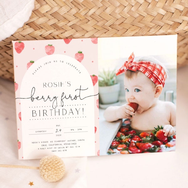 Berry First Birthday Invitation with Photo. Strawberry Picture Invitation Strawberry Birthday Girl Berry Invite for Girls Editable Invite B1