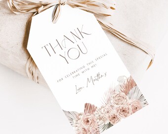 Etiqueta de agradecimiento para baby shower de estilo boho. Etiqueta de agradecimiento para baby shower de estilo boho neutro. Etiqueta de regalo imprimible con motivos florales de género neutro. Etiqueta de regalo Boho Pampas, NF1