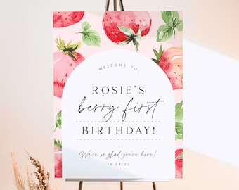 Modèle de plaque de bienvenue pour le premier anniversaire de la baie. Panneau de bienvenue modifiable aux fraises, affiche de bienvenue d'anniversaire aux fraises, panneau de bienvenue aux baies pour filles B8