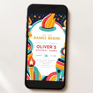 Go for Gold Digital Invite Sport Geburtstag Evite Template, Sport Digitale Einladung Medal Party Rings Fackel Digitaler Text Einladung OL1