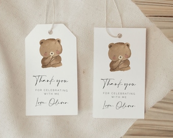 May include: Two white gift tags with a brown bear illustration and the text "Thank you for celebrating with me. Love. Oliver."