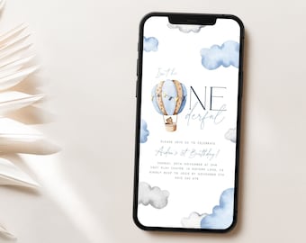 Onederful 1st Birthday Evite Template, One-derful Digital Invitation Blue Hot Air Balloon First Birthday Boy Text Invite Template - ON1