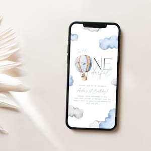 Onederful 1st Birthday Evite Template, One-derful Digital Invitation Blue Hot Air Balloon First Birthday Boy Text Invite Template - ON1
