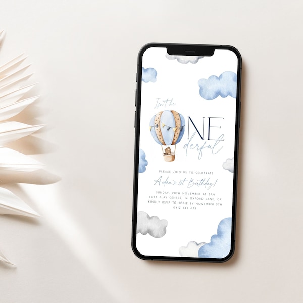 Onederful 1st Birthday Evite Template, One-derful Digital Invitation Blue Hot Air Balloon First Birthday Boy Text Invite Template - ON1