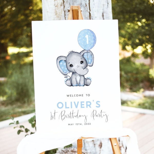 Elephant 1st Birthday Welcome Sign Template Blue Elephant 1st Birthday Sign Editable Welcome Poster Number Balloon Welcome Board Any Age BB7