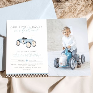 Fast One 1st Birthday Photo Invitation. Vintage Race Car First Birthday Invite Template Editable Blue Race Car Birthday Invite Boy R11 R7