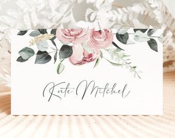 Blush Pink Brautparty Tischkarten Vorlage. Rosa Blumen Brautdusche bearbeitbare Tischkarte Aquarell Rosa gefaltete Namenskarte Wildblume PF4