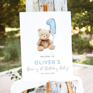 Bär 1. Geburtstag Willkommen Zeichen Editierbare Vorlage Bär Erster Geburtstagskind Willkommen Poster Blauer Teddybär Geburtstagsschild Willkommensschild, BB1