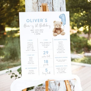 Bear 1st Birthday Milestone Sign Editable Template Beary First Birthday Boy Milestone Poster Blue Teddy Bear Birthday Milestone Board, BB1
